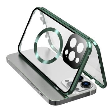 Custodia anti-caduta con telaio in metallo magnetico e vetro temperato su entrambi i lati per iPhone 15 compatibile con la cover per telefono MagSafe con chiusura a fibbia - Verde