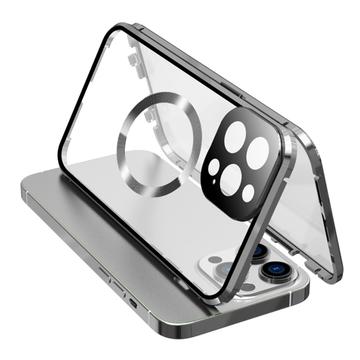 Custodia anti-caduta con telaio in metallo magnetico e vetro temperato su entrambi i lati per iPhone 15 compatibile con la cover per telefono MagSafe con chiusura a fibbia - Argento