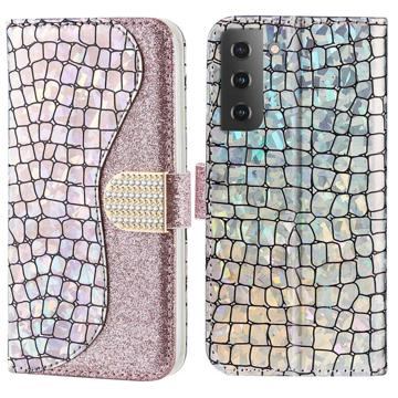 Custodia a Portafoglio Serie Croco Bling per Samsung Galaxy S23 5G - Rosa Oro