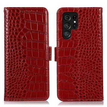 Custodia in Pelle a Portafoglio Serie Crocodile con RFID per Samsung Galaxy S23 Ultra 5G - Rossa