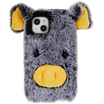 Custodia ibrida Fluffy Plush per iPhone 14 Plus - Maiale Grigia