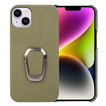 Custodia Rivestita in Pelle per iPhone 14 Plus con Supporto ad Anello - Verde Scura