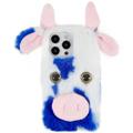 Custodia ibrida Fluffy Plush per iPhone 14 Pro - Mucca Blu