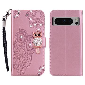 Google Pixel 8 Pro Custodia portafoglio con strass gufo - Oro rosa