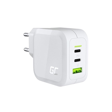 Caricabatterie Green Cell GC PowerGaN 65W - Consegna di potenza 2x USB-C e 1x USB-A, compatibile con Quick Charge 3.0 - Bianco