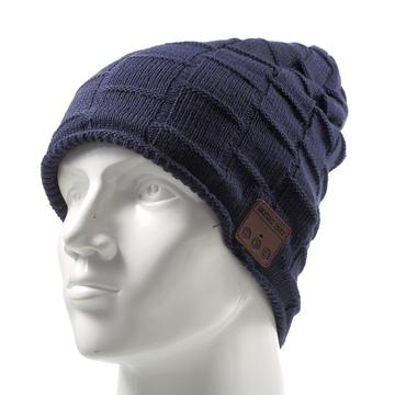 Cappello caldo invernale lavorato a maglia con motivo a griglia e cuffie Bluetooth wireless e microfono incorporati - Blu scuro