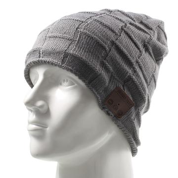 Cappello caldo invernale lavorato a maglia con motivo a griglia e cuffie Bluetooth wireless e microfono integrati - Grigio scuro