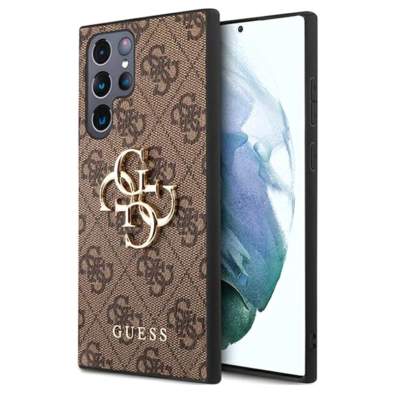 Guess Custodia Ibrida Per Samsung Galaxy S22 Ultra 5g Con Logo In Metallo Grande 4g Marrone