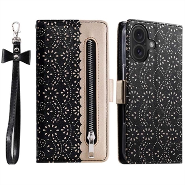 Custodia a portafoglio Lace Pattern per iPhone 16 - nera