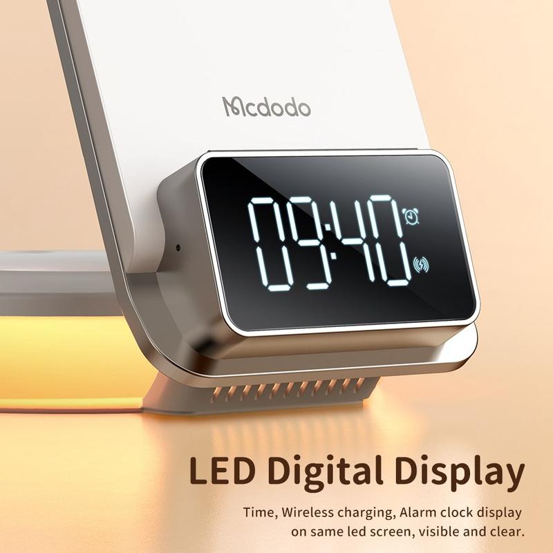 MCDODO CH-1610 MDD 15W Caricatore wireless multifunzione 4 in 1 Supporto di  ricarica da tavolo Display digitale a LED Stazione di ricarica con funzioni  di sveglia notturna - Bianco