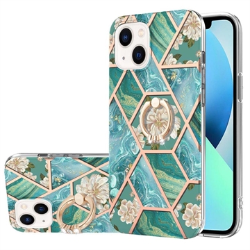 iPhone 15 Plus Marble Pattern IMD TPU Case with Ring Holder - Verde