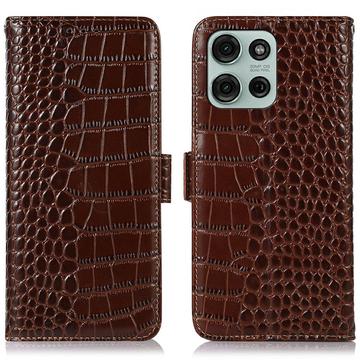 Custodia in Pelle a Portafoglio Serie Crocodile con RFID per Motorola Moto G75 - Marrone