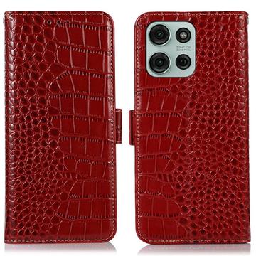 Custodia in Pelle a Portafoglio Serie Crocodile con RFID per Motorola Moto G75 - Rossa