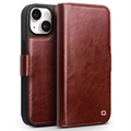 Custodia in pelle a portafoglio iPhone 15 Plus Qialino Classic - Marrone Scuro