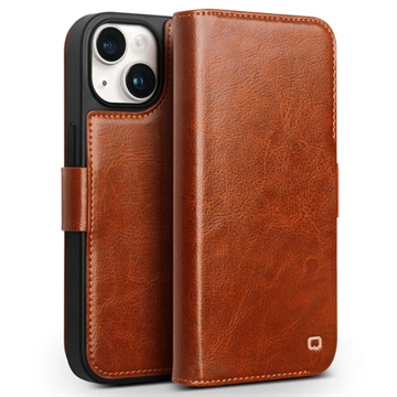 Custodia in pelle a portafoglio iPhone 15 Plus Qialino Classic - Marrone Chiaro