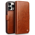 Custodia in pelle a portafoglio iPhone 15 Pro Max Qialino Classic - Marrone Chiaro