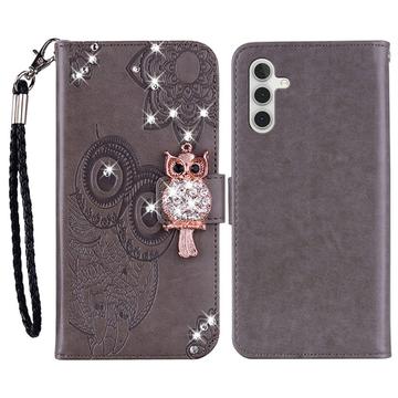 Samsung Galaxy A15 Custodia portafoglio con strass gufo - Grigio