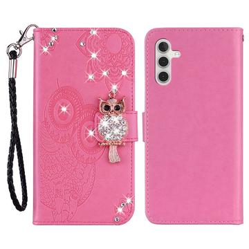 Samsung Galaxy A15 Custodia portafoglio con strass gufo - Rosa Neon