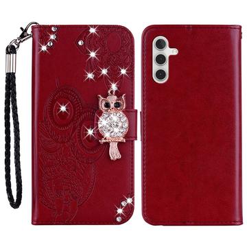 Custodia per portafoglio Samsung Galaxy A15 con strass di gufo - Rosso