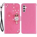 Samsung Galaxy A35 Custodia portafoglio con strass gufo - Rosa Neon