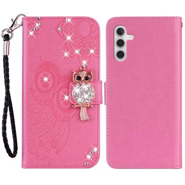 Samsung Galaxy A35 Custodia portafoglio con strass gufo - Rosa Neon