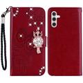 Custodia per portafoglio Samsung Galaxy A35 con strass di gufo - Rosso