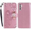 Samsung Galaxy A35 Custodia portafoglio con strass gufo - Oro rosa