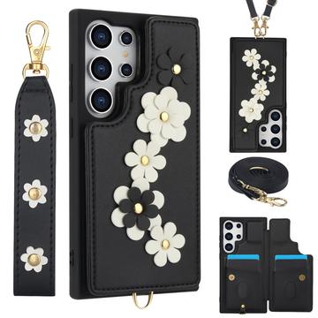 Custodia Samsung Galaxy S24 Ultra Flower Decor con cinturino - Nero