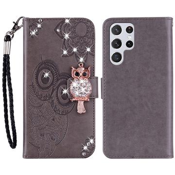 Samsung Galaxy S24 Ultra Custodia portafoglio con strass gufo - Grigio