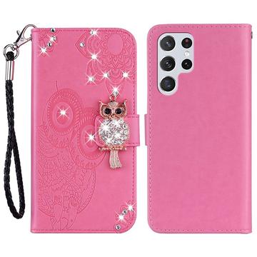 Samsung Galaxy S24 Ultra Custodia portafoglio con strass gufo - Rosa Neon