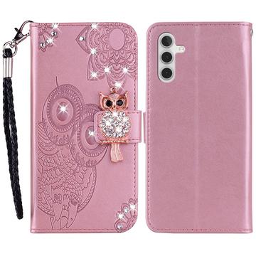 Samsung Galaxy S24+ Custodia portafoglio con strass gufo - Oro rosa