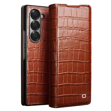 Custodia in pelle a portafoglio Samsung Galaxy Z Fold6 Qialino Classic - Coccodrillo - Marrone Scuro