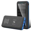 Banca di energia solare da 20000mAh con ricarica wireless, 3 porte USB, torcia a doppio LED - Blu / Nero