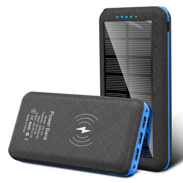 Banca di energia solare da 20000mAh con ricarica wireless, 3 porte USB, torcia a doppio LED - Blu / Nero