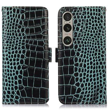 Custodia in Pelle a Portafoglio Serie Crocodile con RFID per Sony Xperia 1 VI - Verde