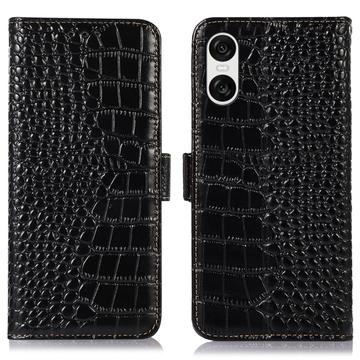 Custodia in Pelle a Portafoglio Serie Crocodile con RFID per Sony Xperia 10 VI - Nera