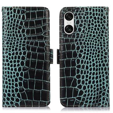 Custodia in Pelle a Portafoglio Serie Crocodile con RFID per Sony Xperia 10 VI - Verde