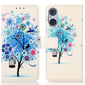 Custodia a Portafoglio Serie Glam per Sony Xperia 5 V - Albero in Fiore / Blu