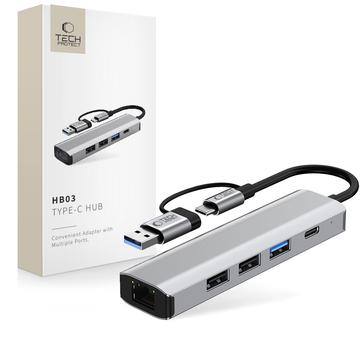 Tech-Protect HB03 Adattatore hub USB-C 5-in-1 con USB 2.0, USB 3.0, Ethernet RJ45 e Type-C - Grigio spazio