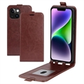 Custodia Flip Verticale con Slot per Schede per iPhone 15 Plus - Marrone