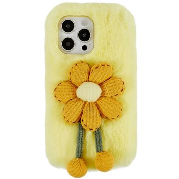 Custodia in TPU 3D Plush Inverno peloso per iPhone 14 Pro - Fiore Giallo