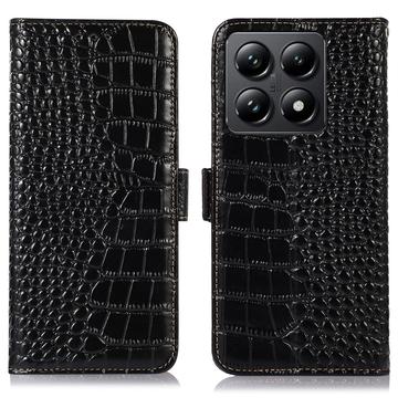 Custodia in Pelle a Portafoglio Serie Crocodile con RFID per Xiaomi 14T