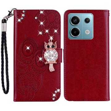 Custodia per portafoglio Xiaomi Redmi Note 13 con strass di gufo - Rossa