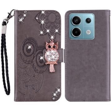 Xiaomi Redmi Note 13 Pro/Poco X6 Custodia portafoglio con strass gufo - Grigio