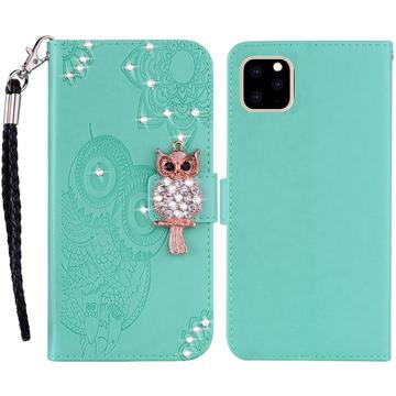 iPhone 14 Pro Max Custodia portafoglio con strass gufo - Ciano