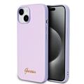 Custodia ibrida per iPhone 15 Guess Iridescent Metal Script - Viola