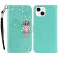 iPhone 15 Custodia portafoglio con strass gufo - Ciano