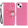 iPhone 15 Custodia portafoglio con strass gufo - Rosa Neon