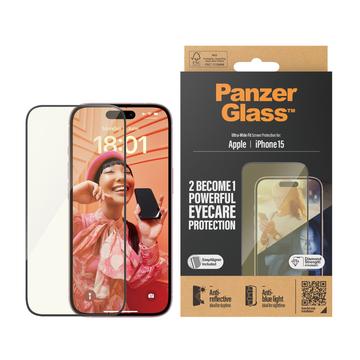 Proteggi schermo in vetro temperato per iPhone 15 PanzerGlass EyeCare Ultra-Wide Fit EasyAligner - Bordo nero