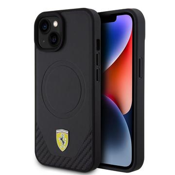 Custodia Mag Ferrari Carbon Metal Logo per iPhone 15 Plus - Nera